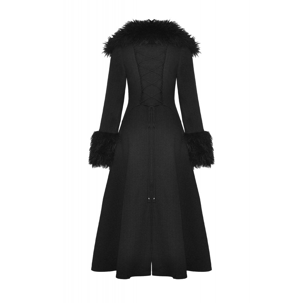 Dark In Love Haidee Long Gothic Coat – Faux Fur Collar & Lace Up Back