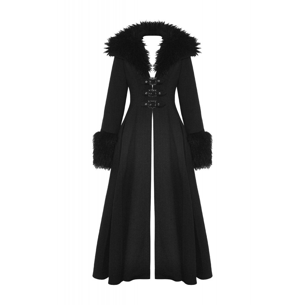 Dark In Love Haidee Long Gothic Coat – Faux Fur Collar & Lace Up Back