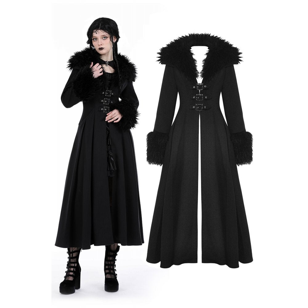 Dark In Love Haidee Long Gothic Coat – Faux Fur Collar & Lace Up Back