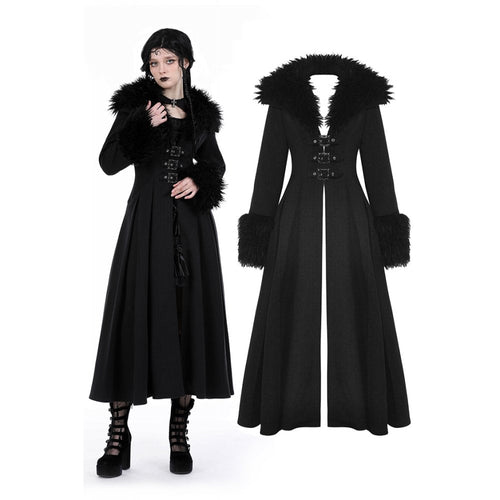 Dark In Love Haidee Long Gothic Coat – Faux Fur Collar & Lace Up Back
