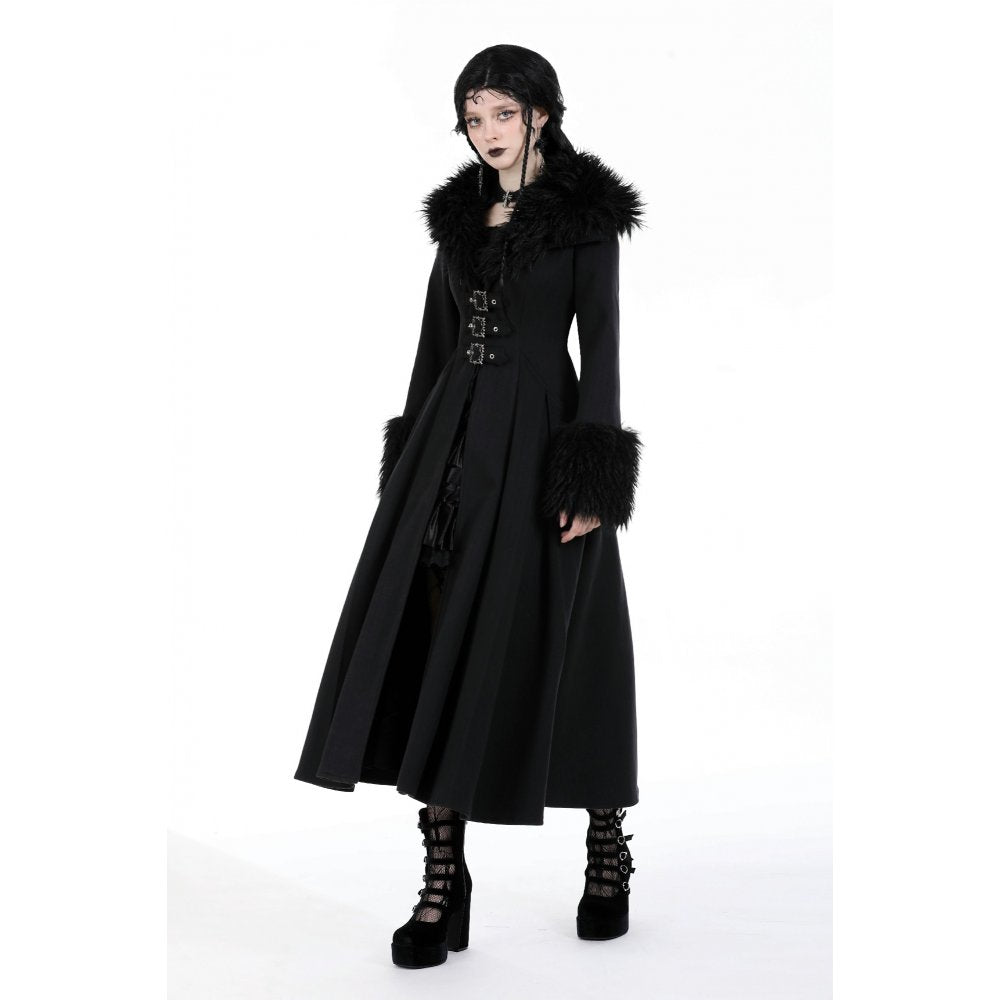 Dark In Love Haidee Long Gothic Coat – Faux Fur Collar & Lace Up Back