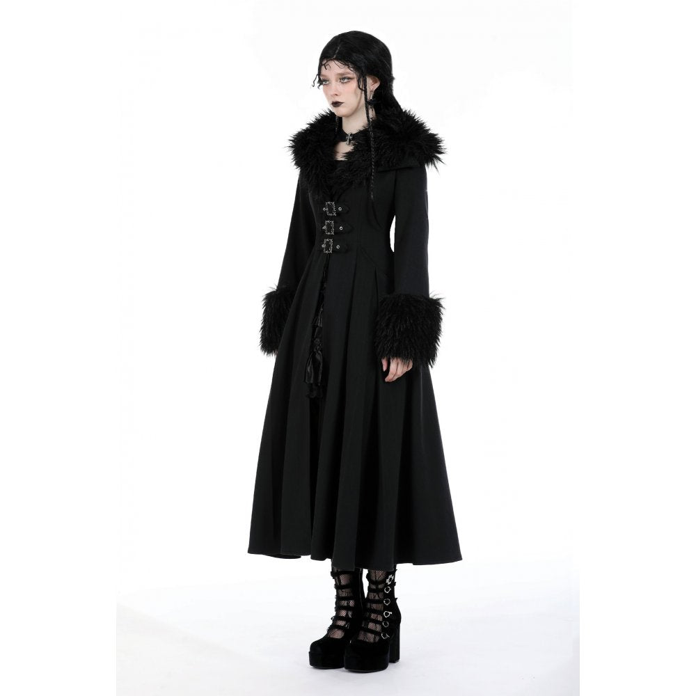 Dark In Love Haidee Long Gothic Coat – Faux Fur Collar & Lace Up Back