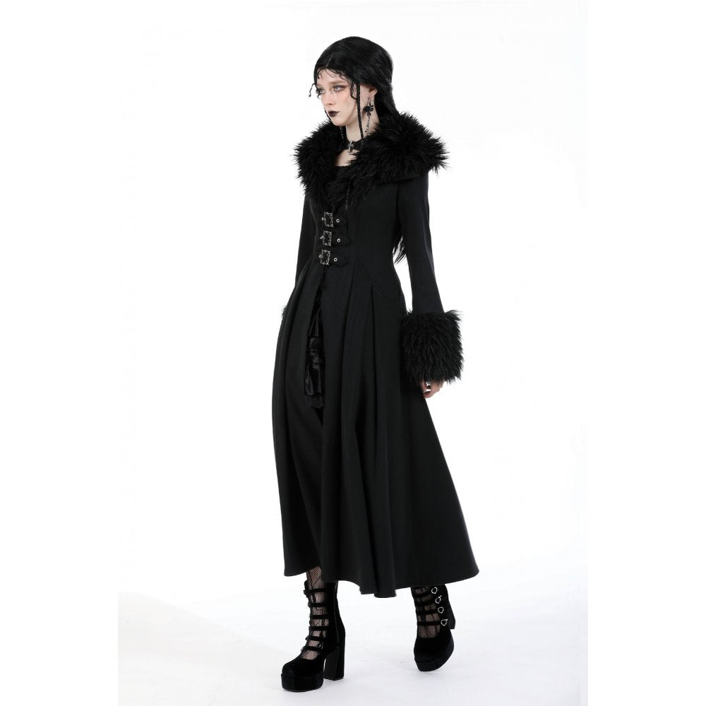 Dark In Love Haidee Long Gothic Coat – Faux Fur Collar & Lace Up Back