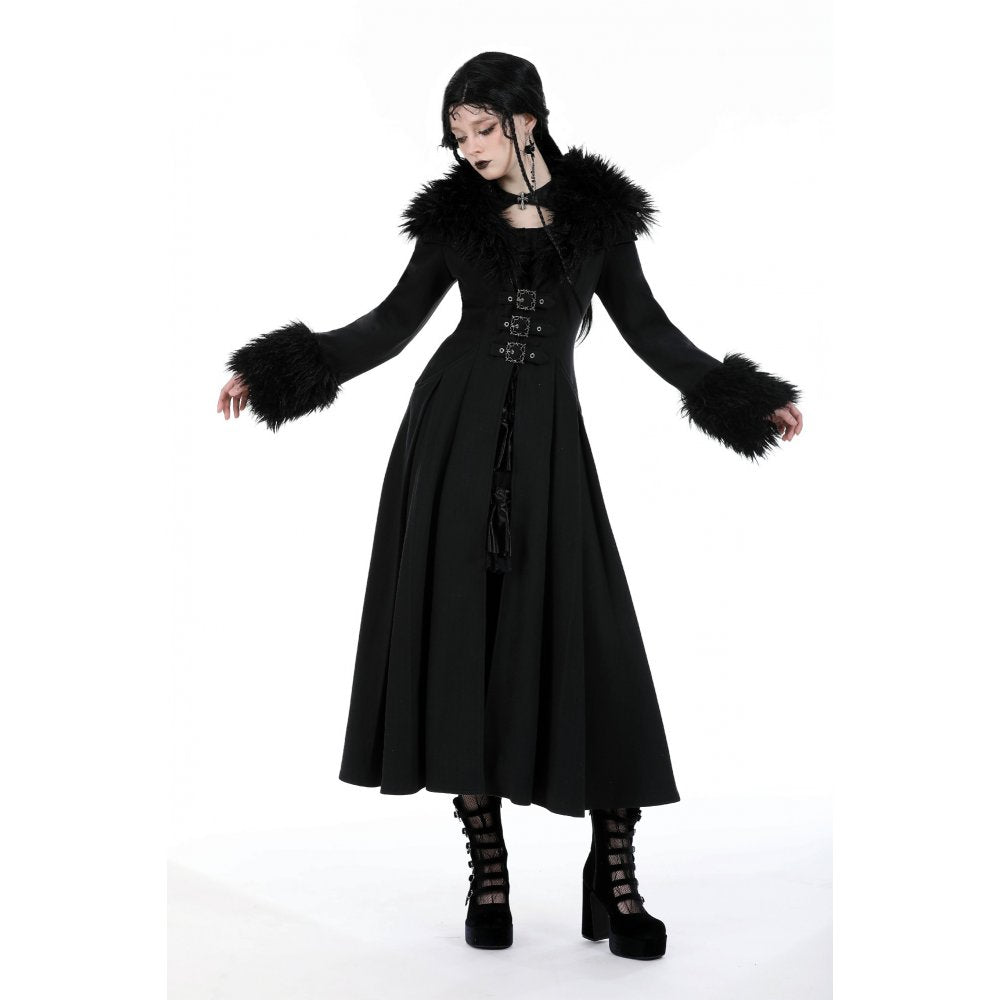 Dark In Love Haidee Long Gothic Coat – Faux Fur Collar & Lace Up Back