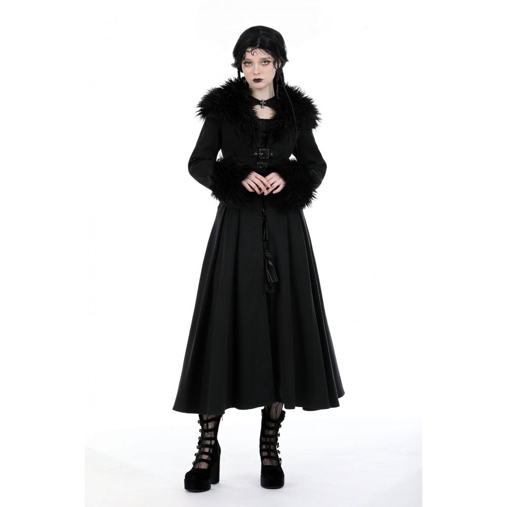 Dark In Love Haidee Long Gothic Coat – Faux Fur Collar & Lace Up Back