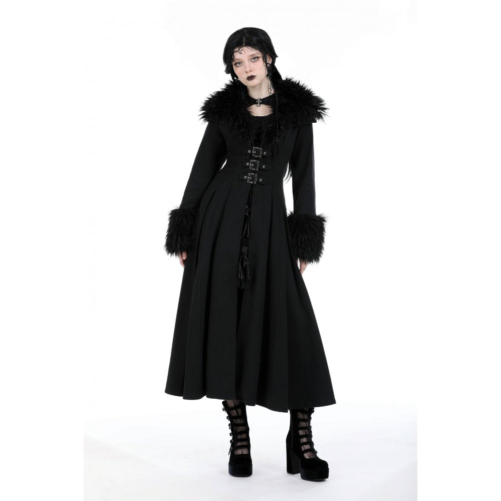 Dark In Love Haidee Long Gothic Coat – Faux Fur Collar & Lace Up Back