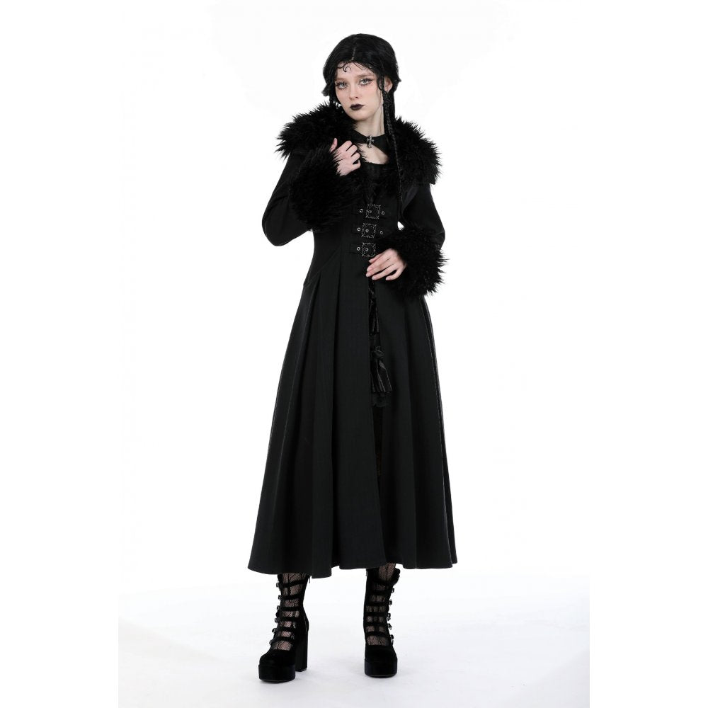 Dark In Love Haidee Long Gothic Coat – Faux Fur Collar & Lace Up Back