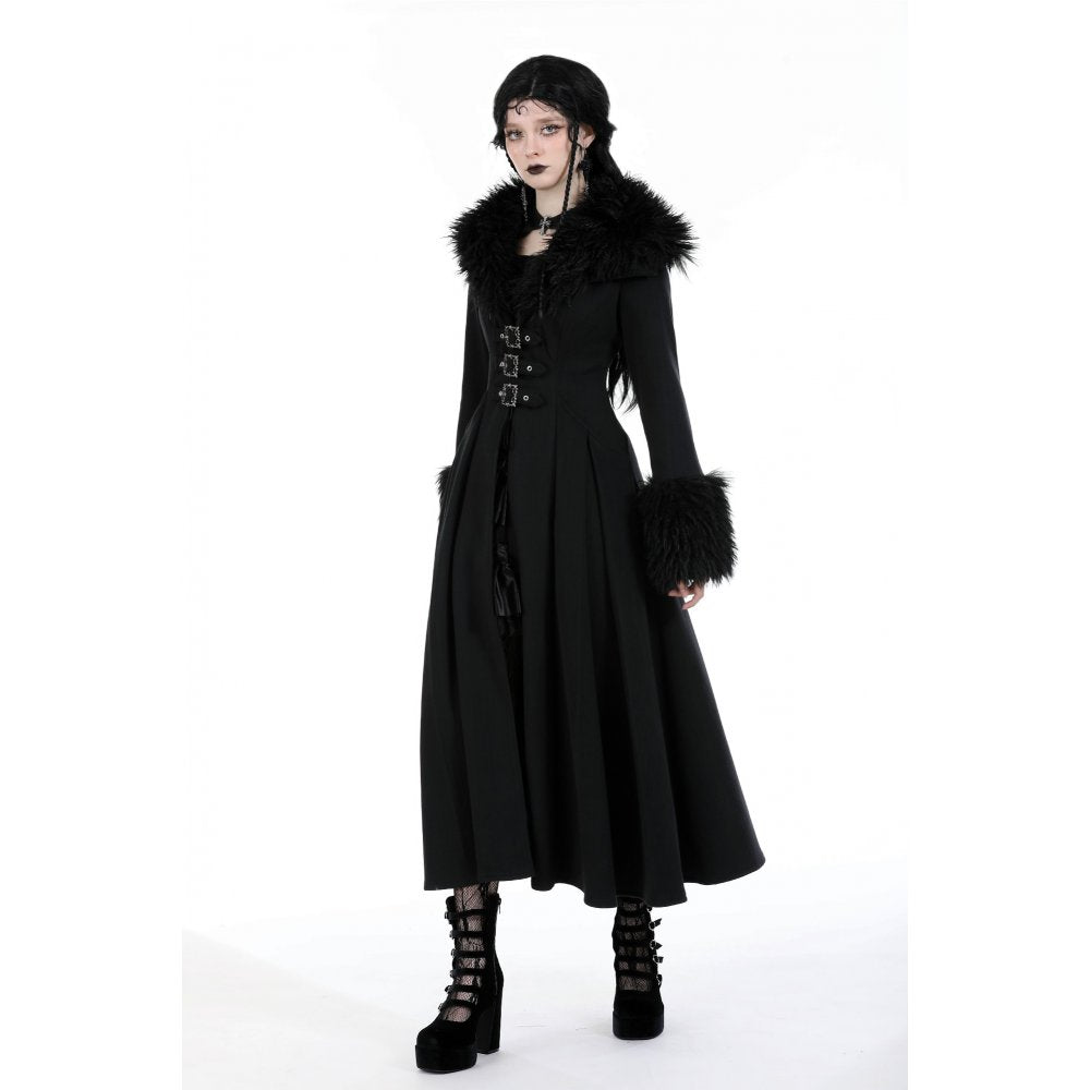 Dark In Love Haidee Long Gothic Coat – Faux Fur Collar & Lace Up Back