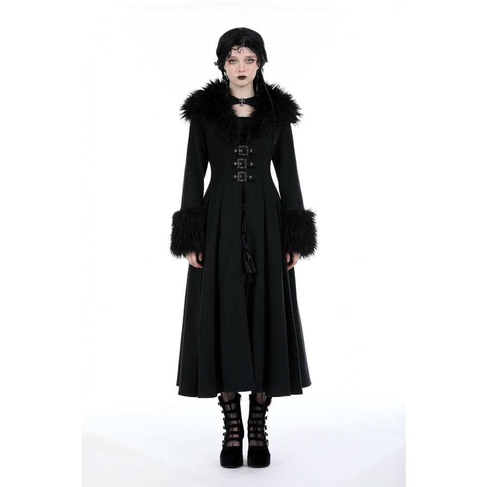 Dark In Love Haidee Long Gothic Coat – Faux Fur Collar & Lace Up Back