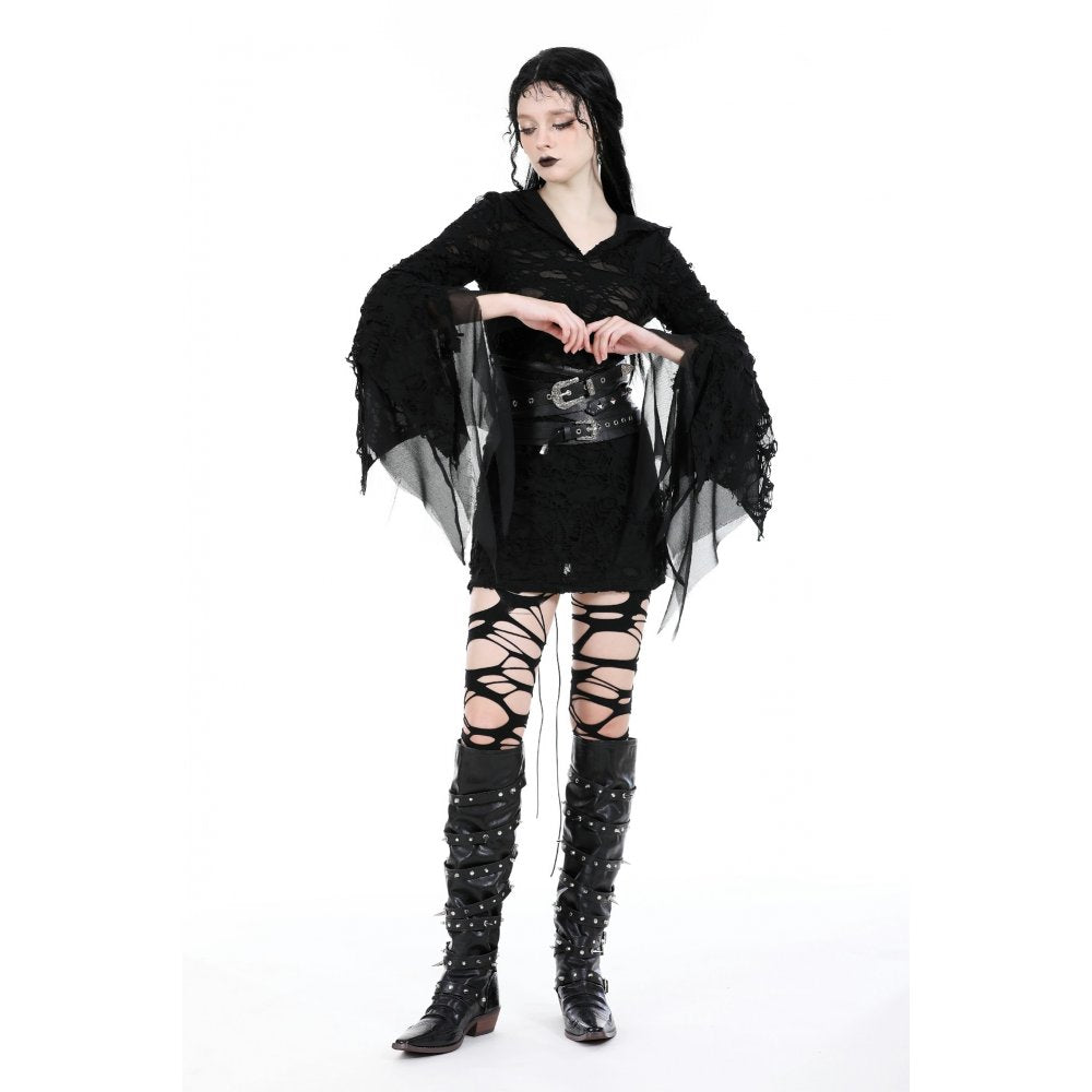 Dark In Love Hattie Hooded Dress – Gothic Distressed Flared Sleeve