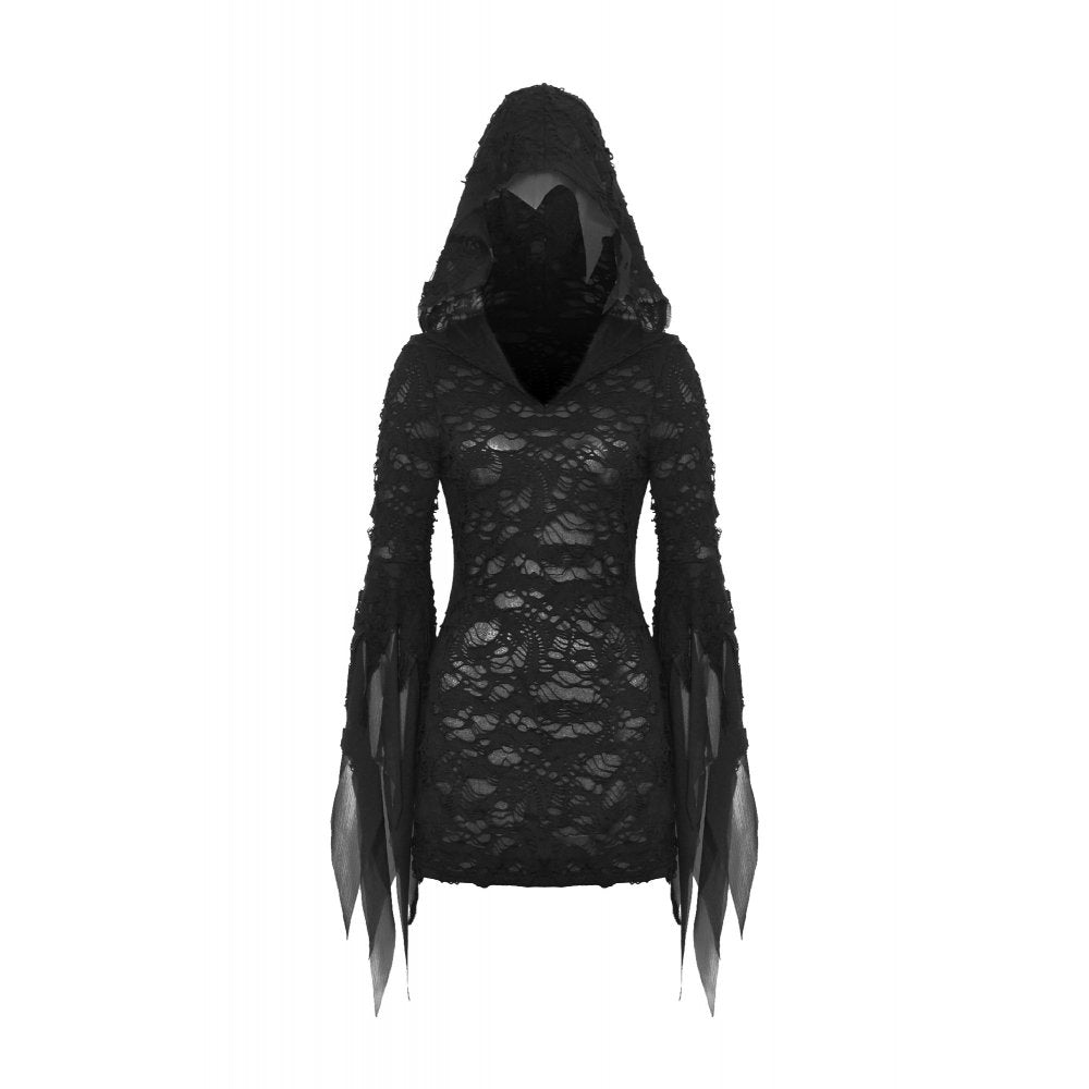 Dark In Love Hattie Hooded Dress – Gothic Distressed Flared Sleeve