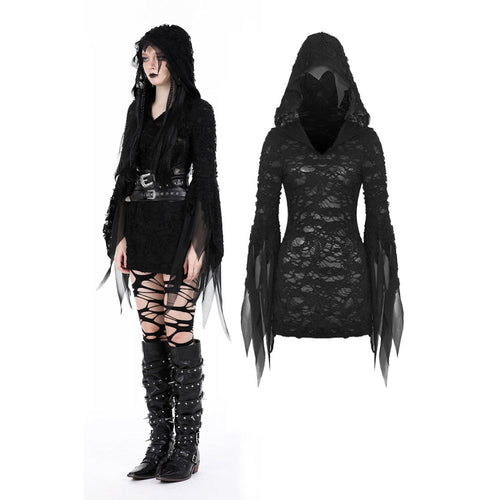 Dark In Love Hattie Hooded Dress – Gothic Distressed Flared Sleeve