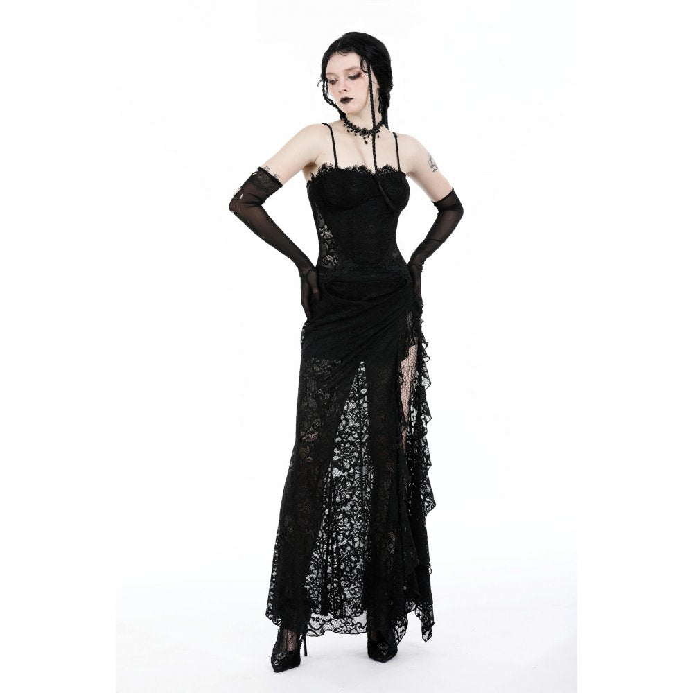 Dark In Love Naiara Lace Dress – Gothic Side Slit Gown with Lace Up Back