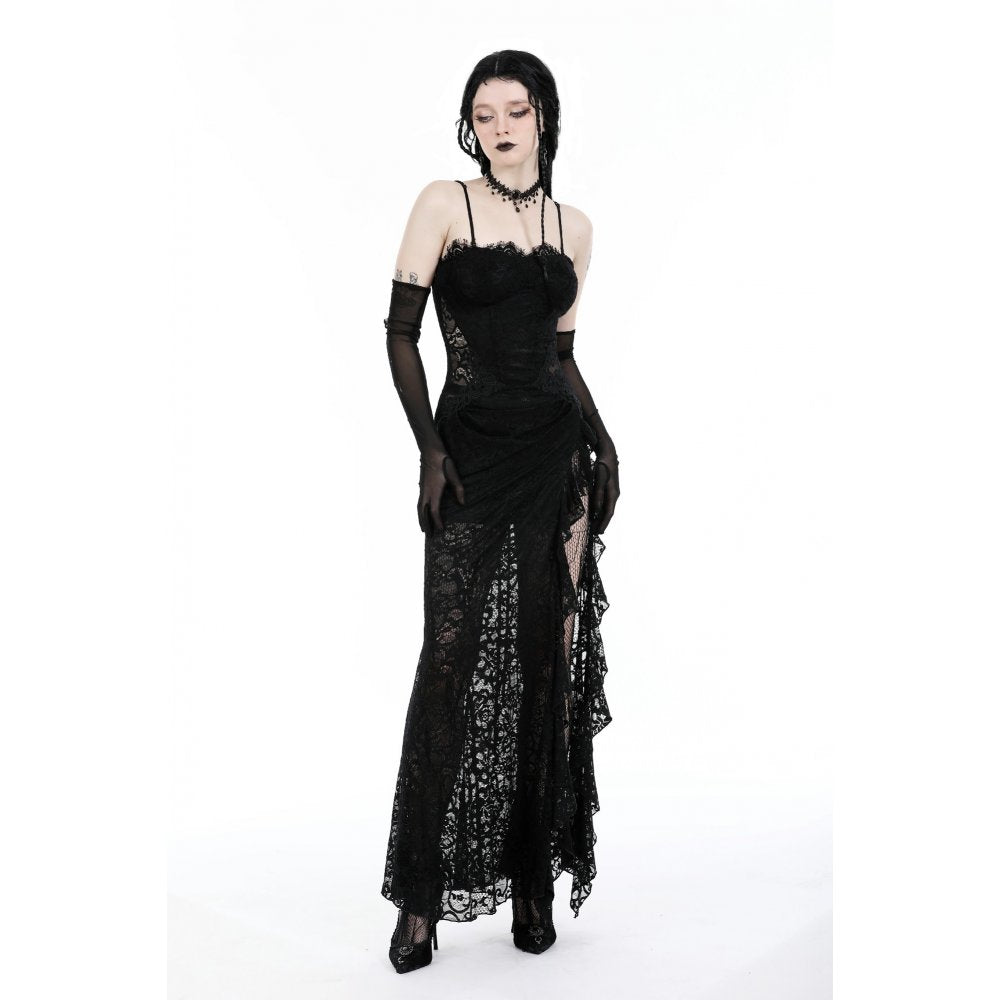 Dark In Love Naiara Lace Dress – Gothic Side Slit Gown with Lace Up Back