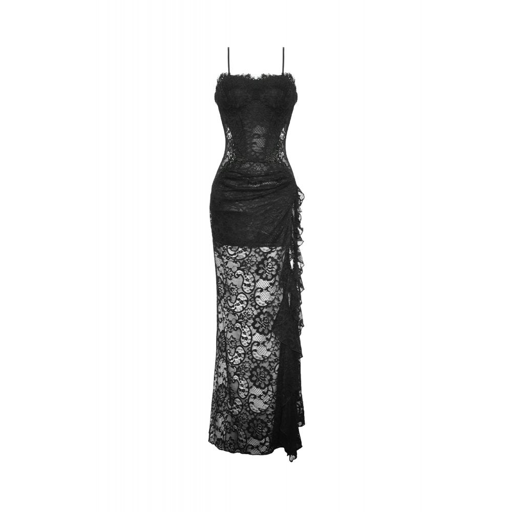 Dark In Love Naiara Lace Dress – Gothic Side Slit Gown with Lace Up Back