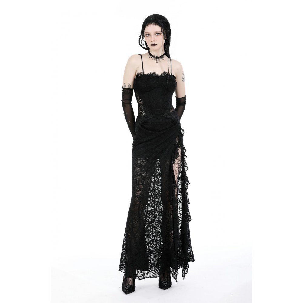 Dark In Love Naiara Lace Dress – Gothic Side Slit Gown with Lace Up Back