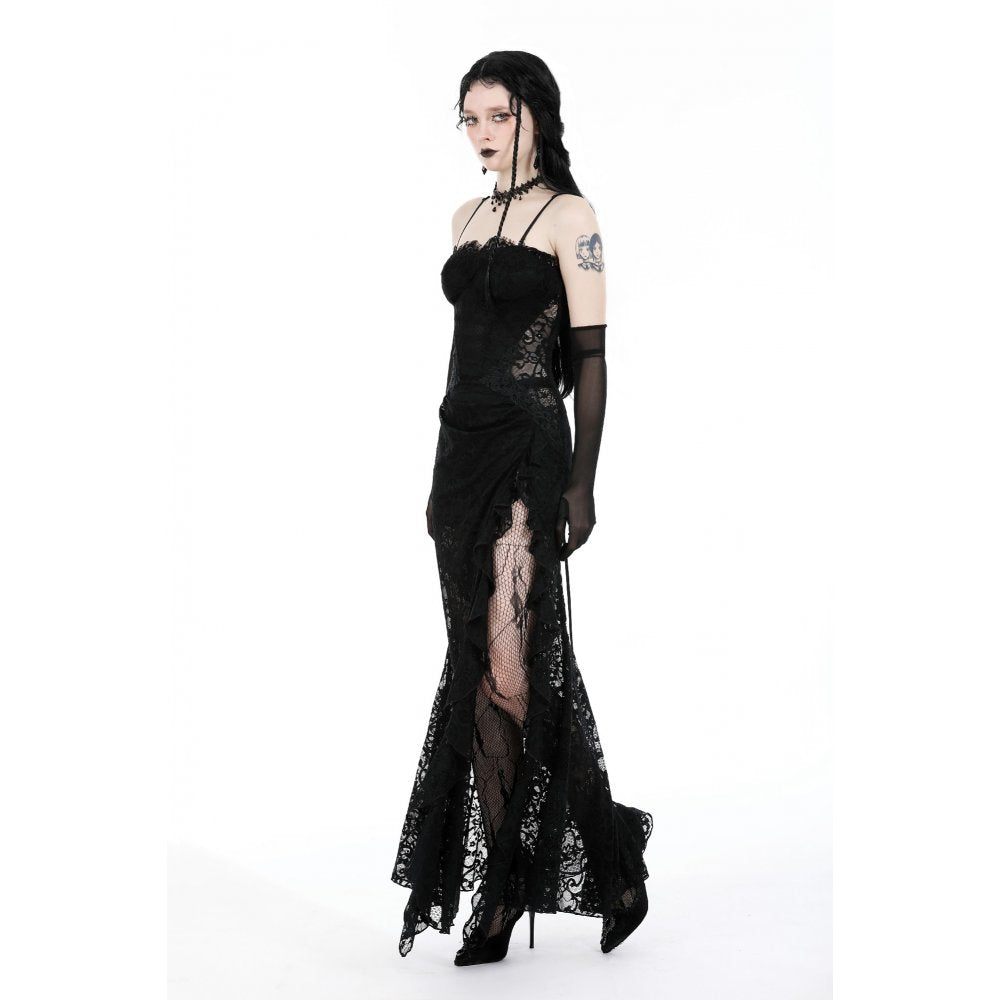 Dark In Love Naiara Lace Dress – Gothic Side Slit Gown with Lace Up Back
