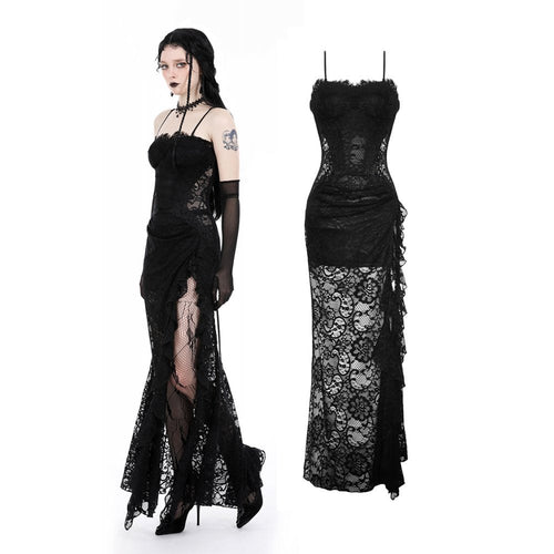 Dark In Love Naiara Lace Dress – Gothic Side Slit Gown with Lace Up Back
