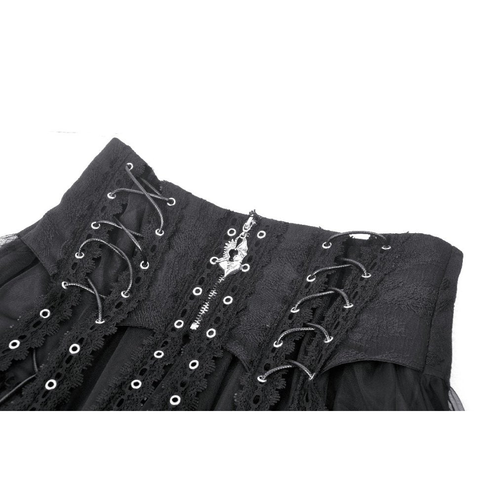 Dark In Love Wren Mini Skirt – Gothic Lace Frill with Winged Charm