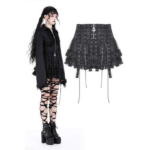 Dark In Love Wren Mini Skirt – Gothic Lace Frill with Winged Charm