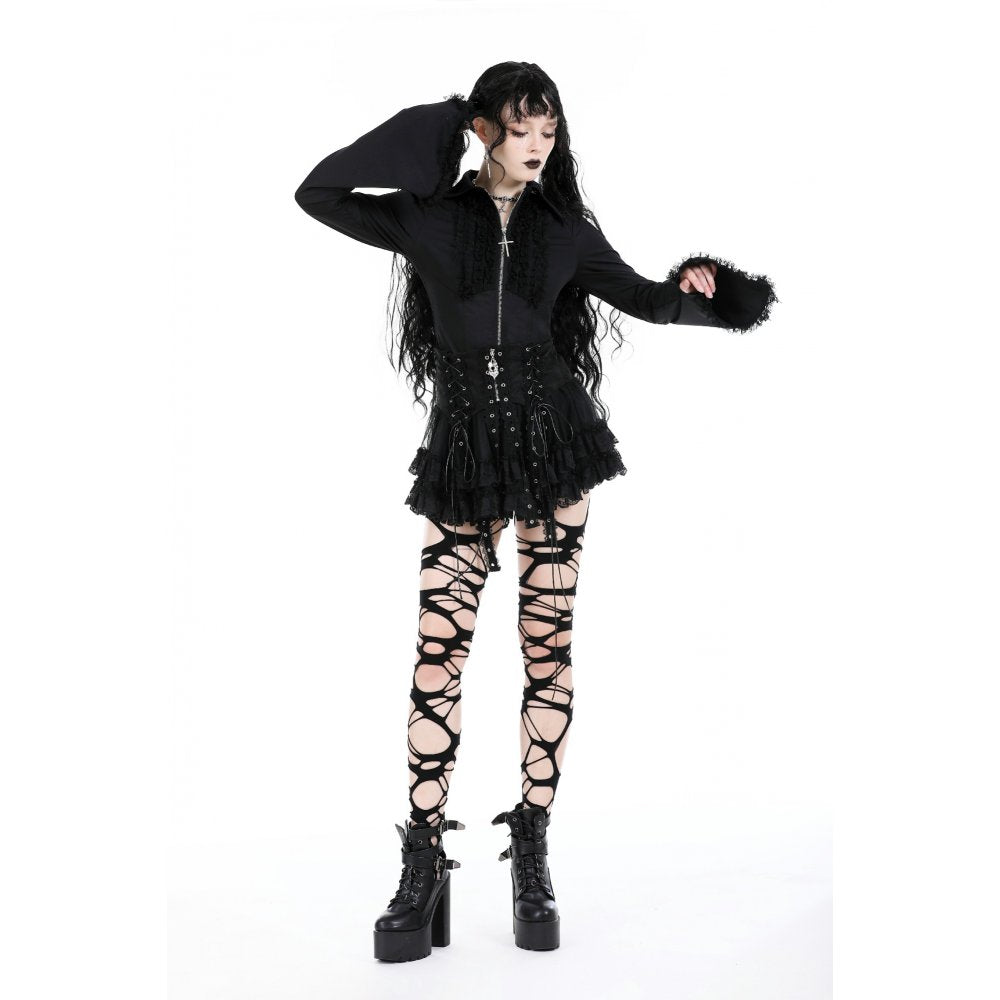 Dark In Love Wren Mini Skirt – Gothic Lace Frill with Winged Charm