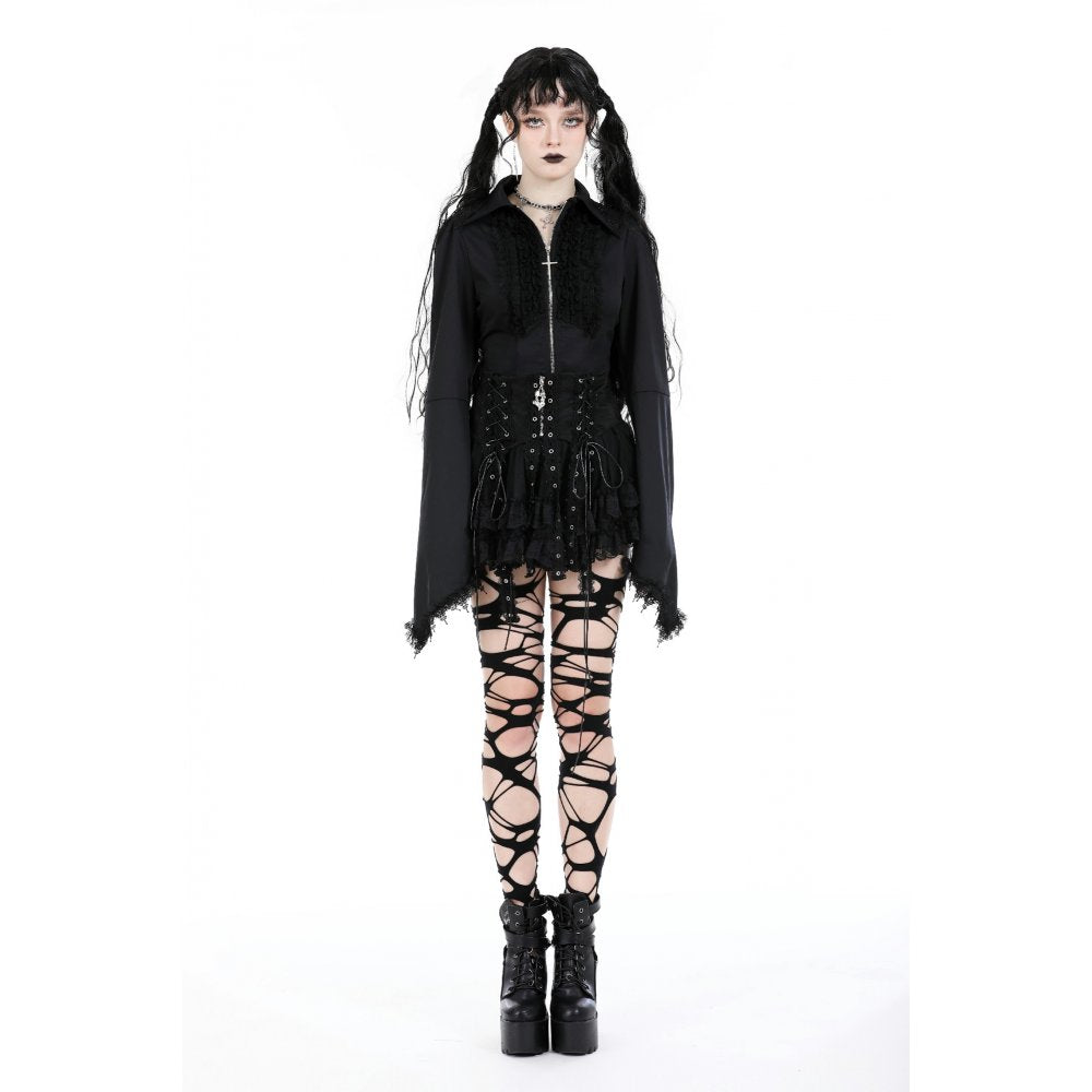 Dark In Love Wren Mini Skirt – Gothic Lace Frill with Winged Charm