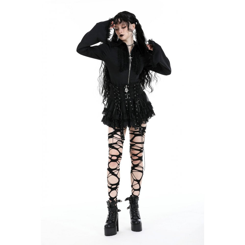 Dark In Love Wren Mini Skirt – Gothic Lace Frill with Winged Charm