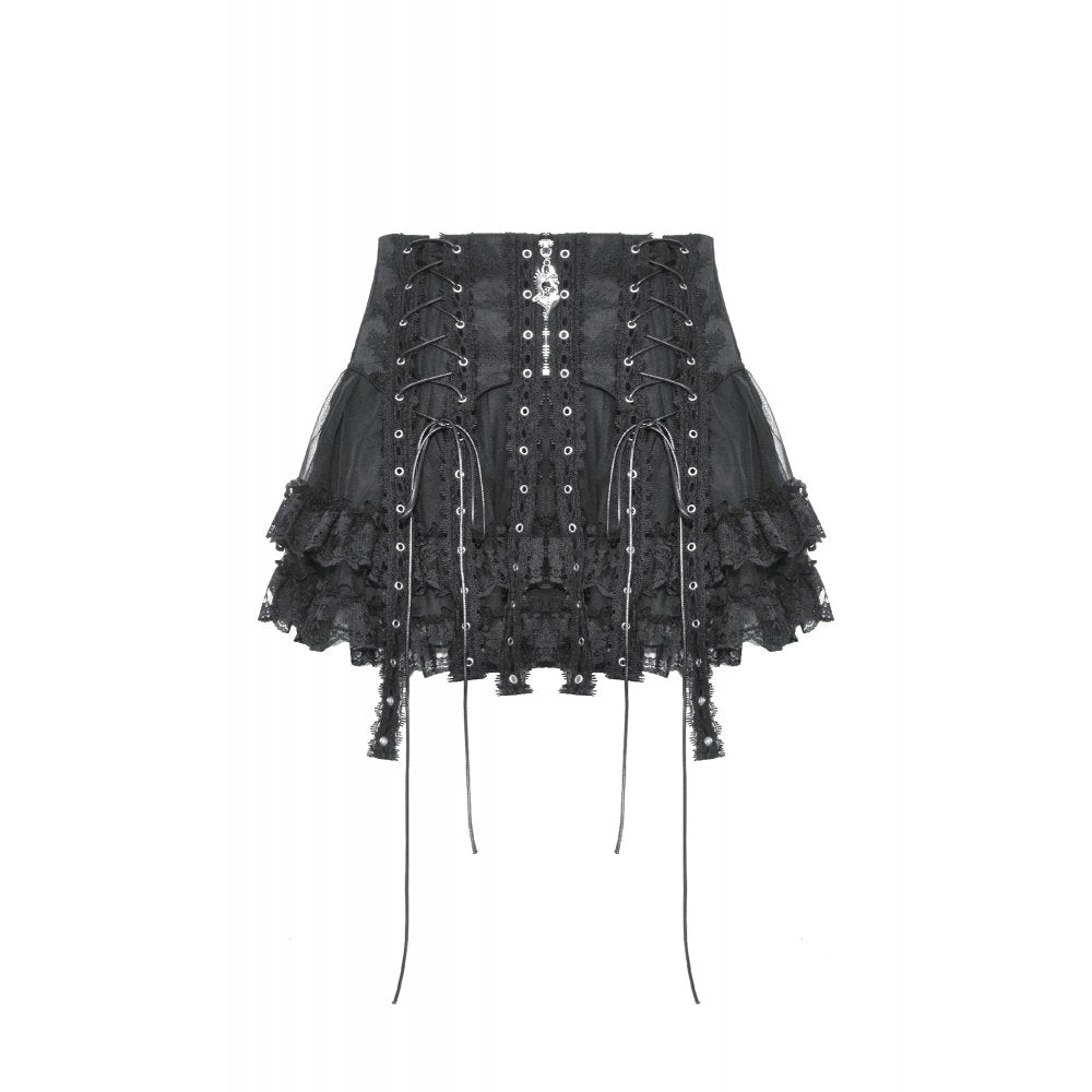 Dark In Love Wren Mini Skirt – Gothic Lace Frill with Winged Charm