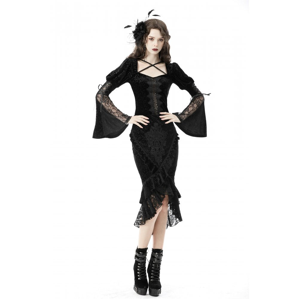 Dark In Love Zira Velvet Jacquard Fishtail Skirt with Lace Details