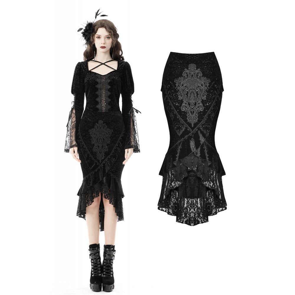 Dark In Love Zira Velvet Jacquard Fishtail Skirt with Lace Details