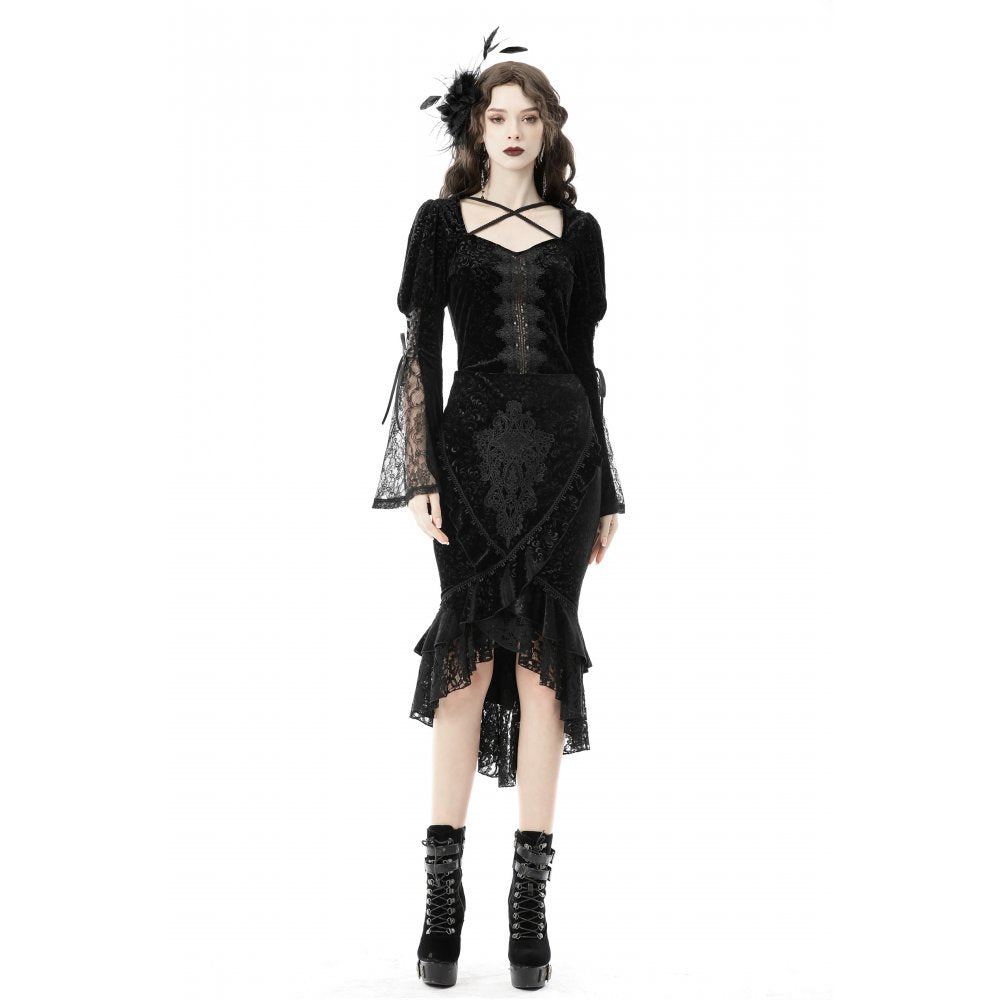 Dark In Love Zira Velvet Jacquard Fishtail Skirt with Lace Details