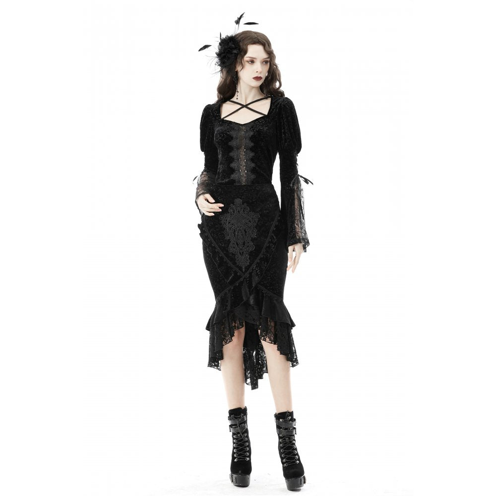 Dark In Love Zira Velvet Jacquard Fishtail Skirt with Lace Details