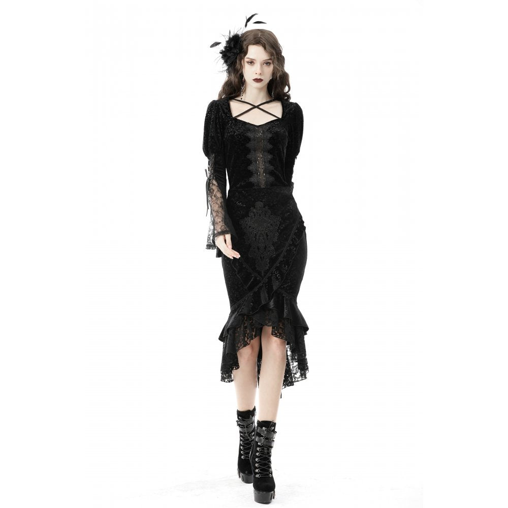 Dark In Love Zira Velvet Jacquard Fishtail Skirt with Lace Details