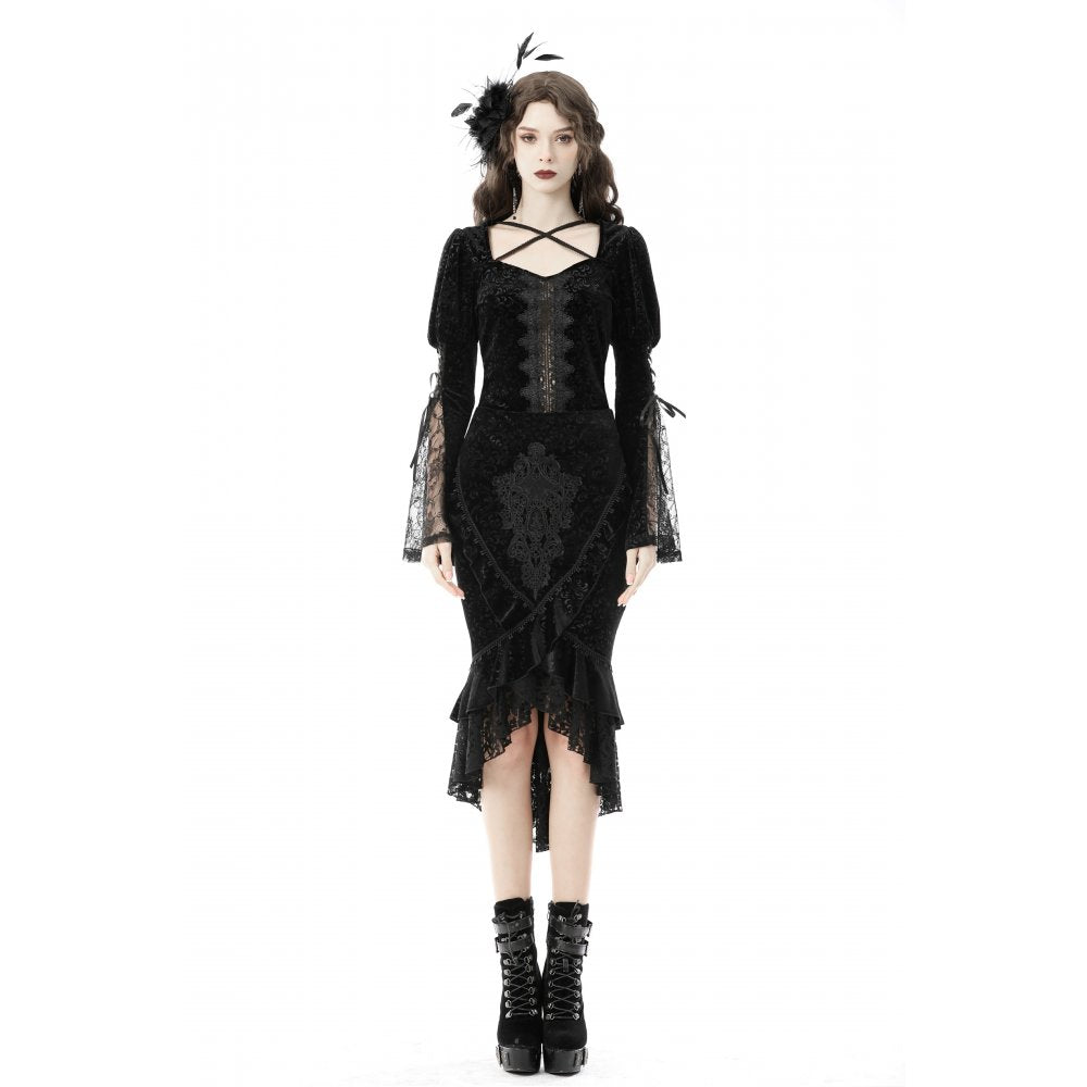 Dark In Love Zira Velvet Jacquard Fishtail Skirt with Lace Details