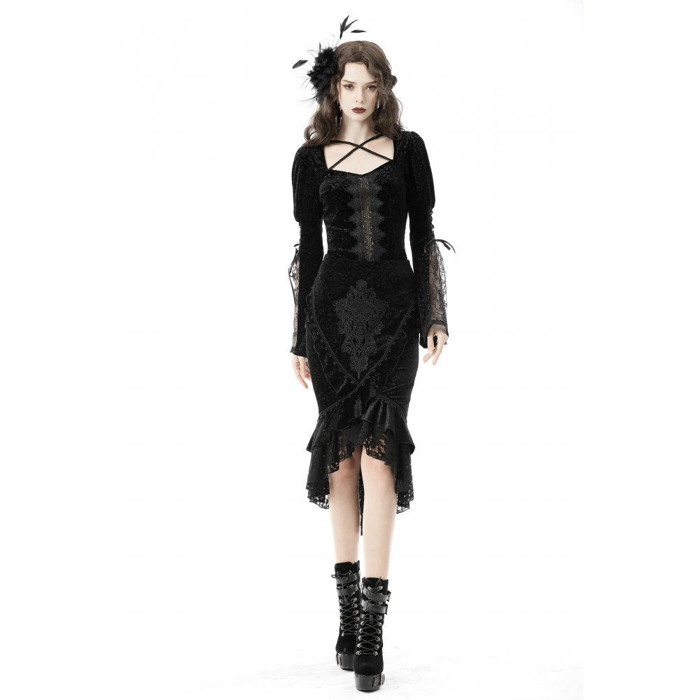 Dark In Love Zira Velvet Jacquard Fishtail Skirt with Lace Details