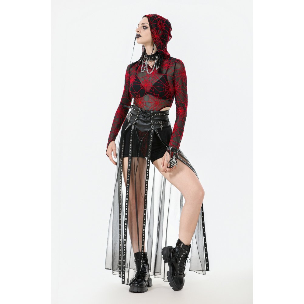 Dark in Love Gothic Sheer Mesh Maxi Skirt with PU Corset Belt - Black