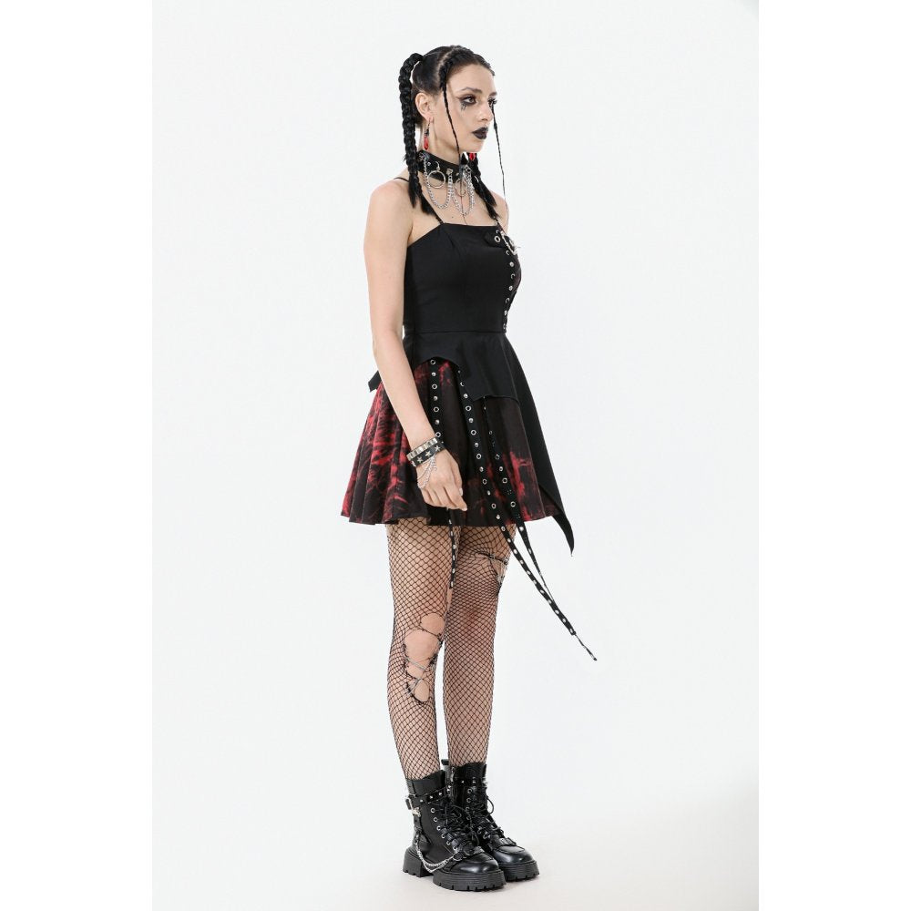 Dark in Love Nyssa Goth Mini Dress – Black & Red Strap Detail