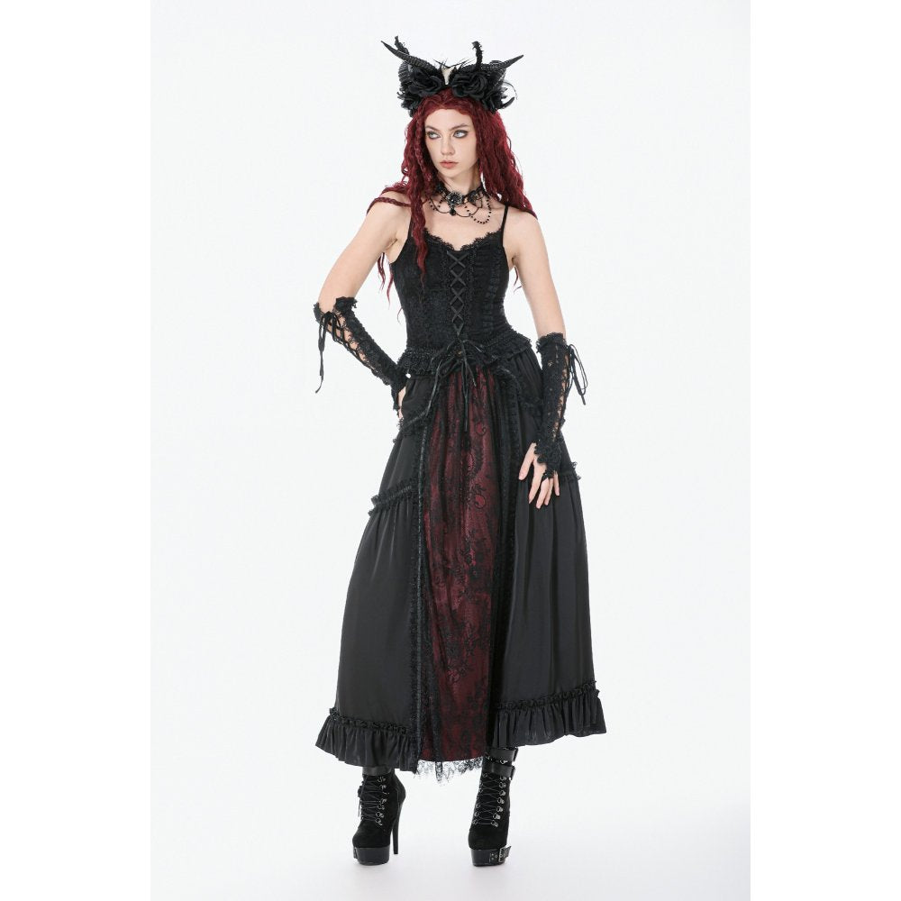 Dark in Love Gothic Victorian Crimson Lace Panel Maxi Skirt