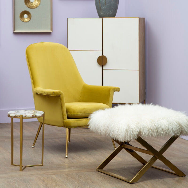 Orsina Anafi White Sheepskin Stool | Modern Gold Metal Vanity Perch