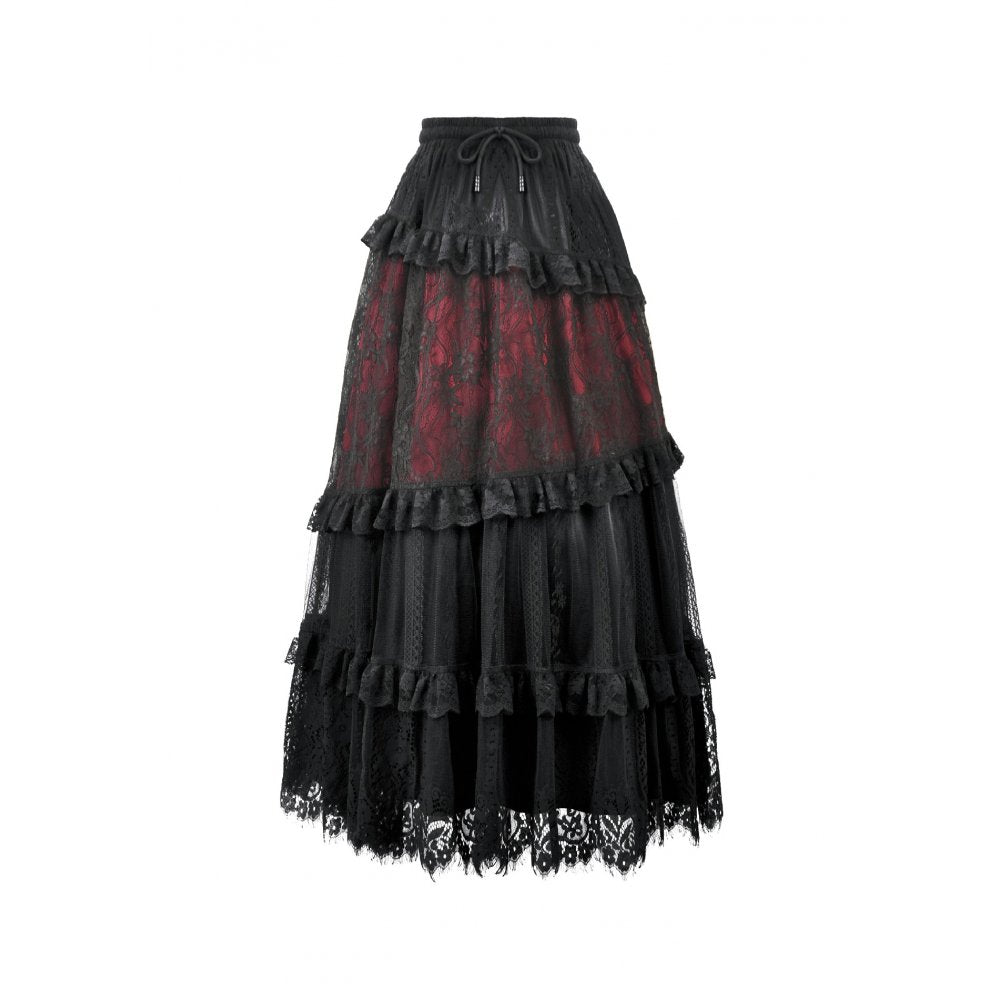 Dark in Love Spliced Lace Maxi Skirt – Gothic Black and Red Layered