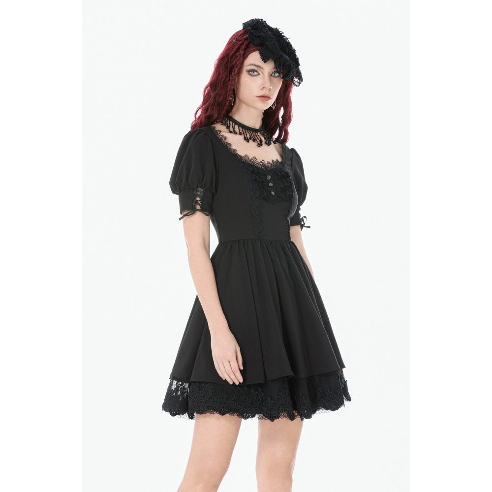 Dark in Love Gothic Lace Square-Neck Puff Sleeve Dress – Black