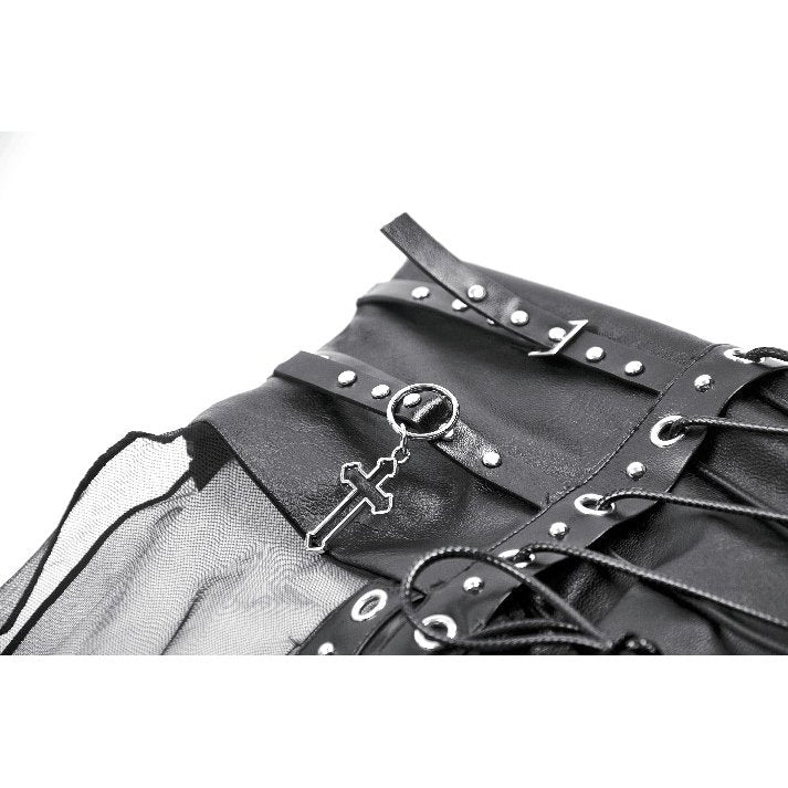 Dark in Love Gothic Sheer Mesh Maxi Skirt with PU Corset Belt - Black