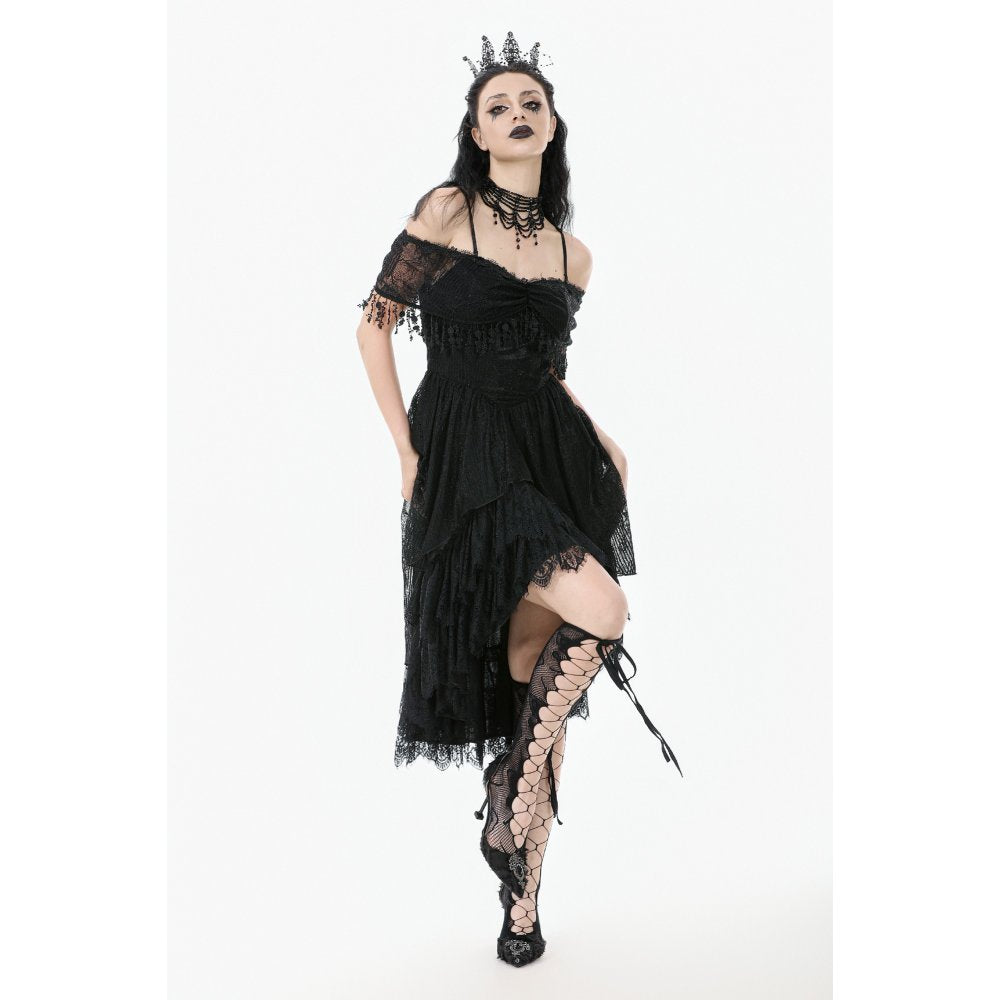 Dark in Love Soraya Gothic Lace High-Low Dress | Off-Shoulder Black