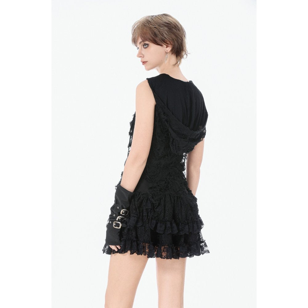 Dark in Love Rebel Punk Asymmetric Hooded Top | Mesh & Eyelet Detail