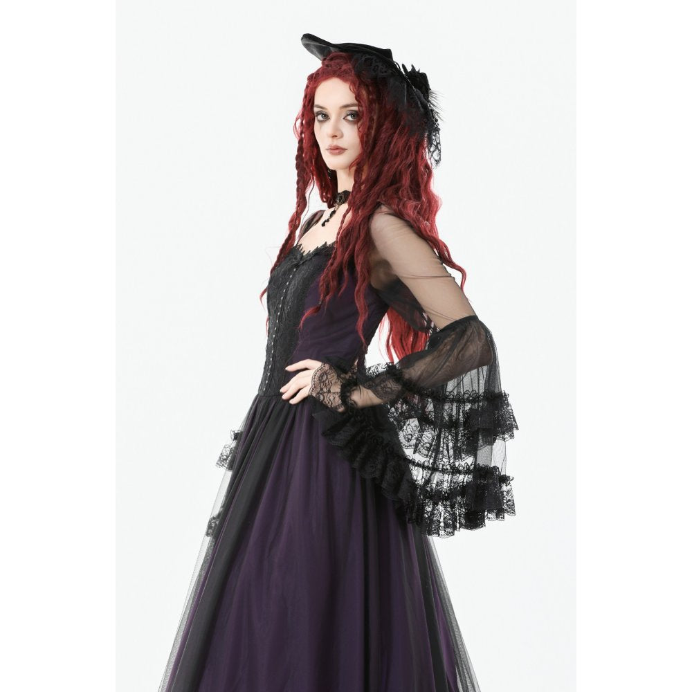 Dark in Love Lilith Gothic Maxi Dress – Black & Plum Bell Sleeve