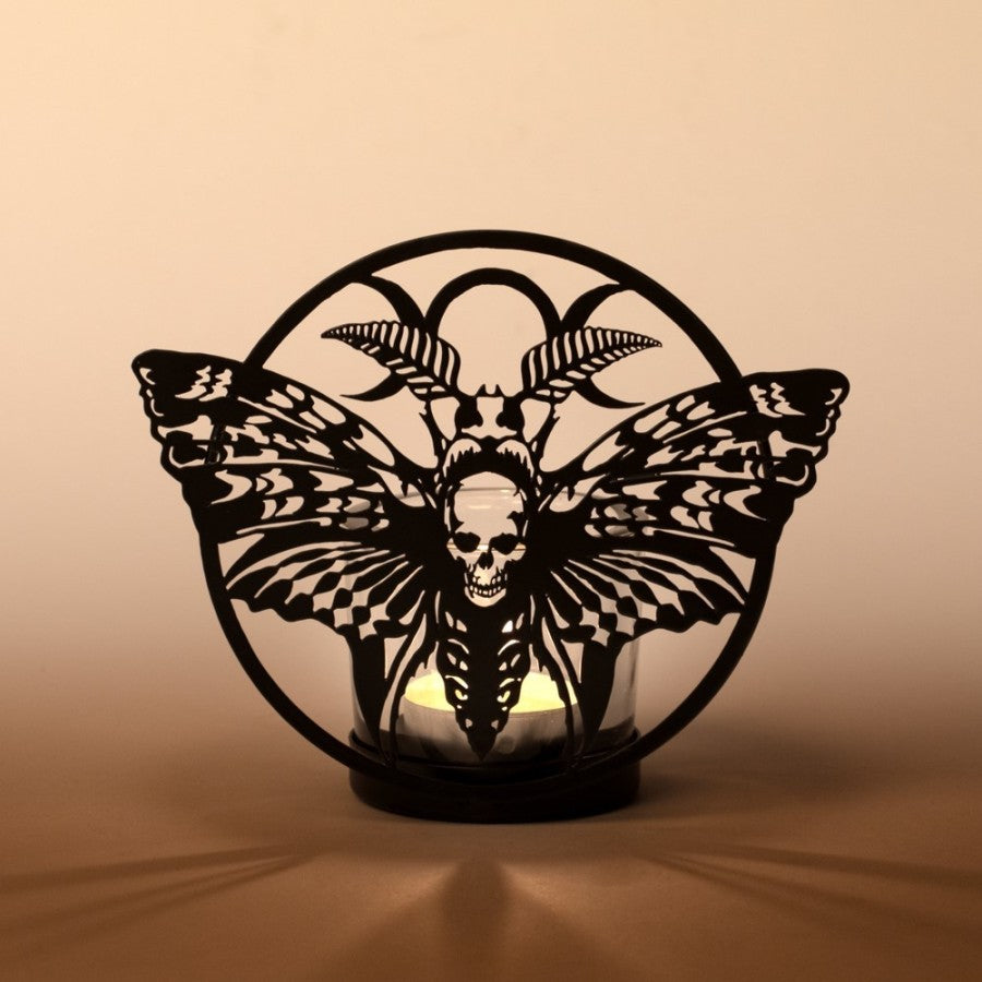 Alchemy Gothic Death’s Head Moth Tealight Holder – Black Iron & Glass