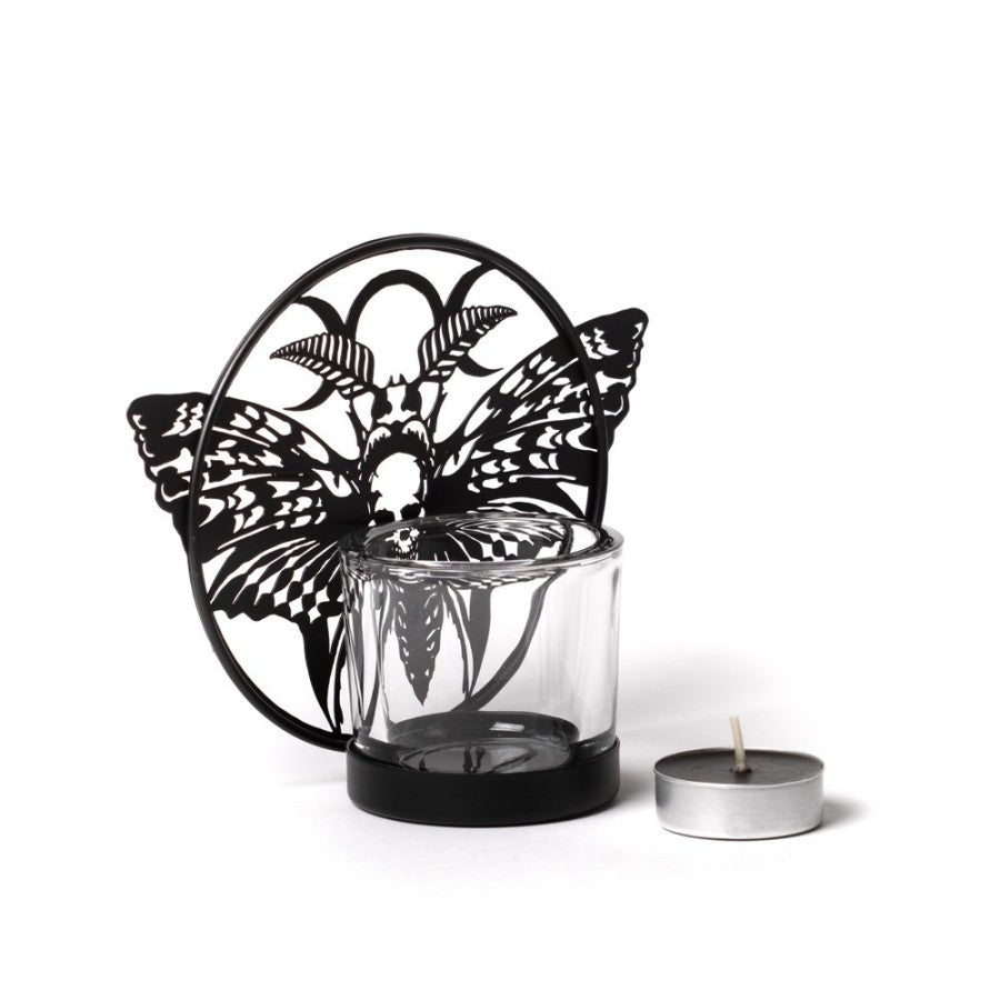 Alchemy Gothic Death’s Head Moth Tealight Holder – Black Iron & Glass
