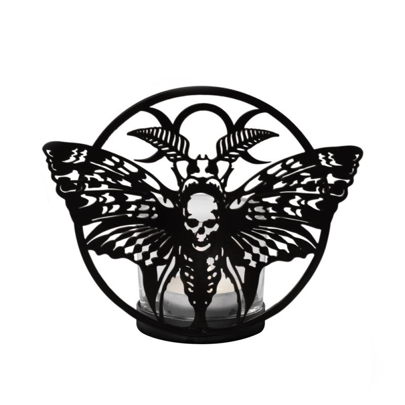 Alchemy Gothic Death’s Head Moth Tealight Holder – Black Iron & Glass