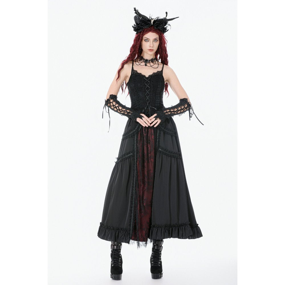 Dark in Love Gothic Victorian Crimson Lace Panel Maxi Skirt