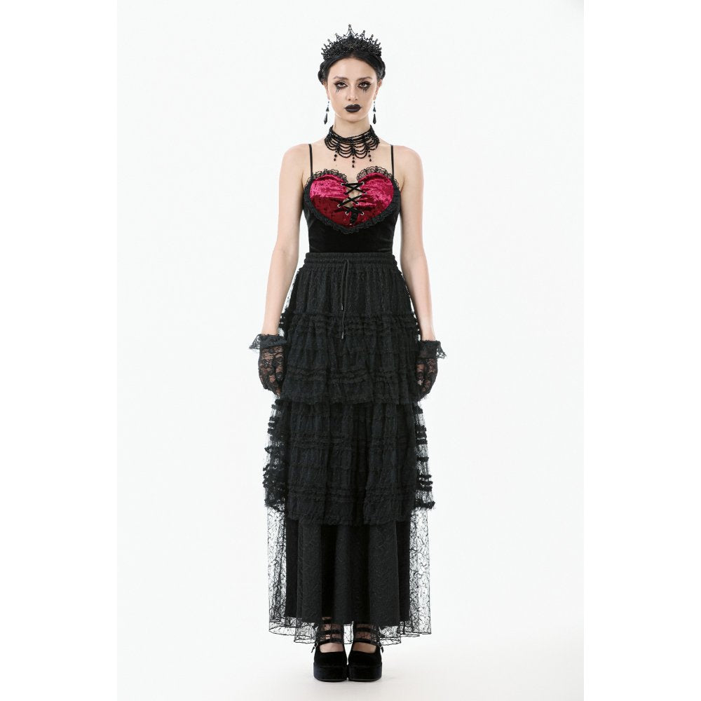 Dark in Love Morticia Gothic Velvet & Lace Tiered Skirt in Black